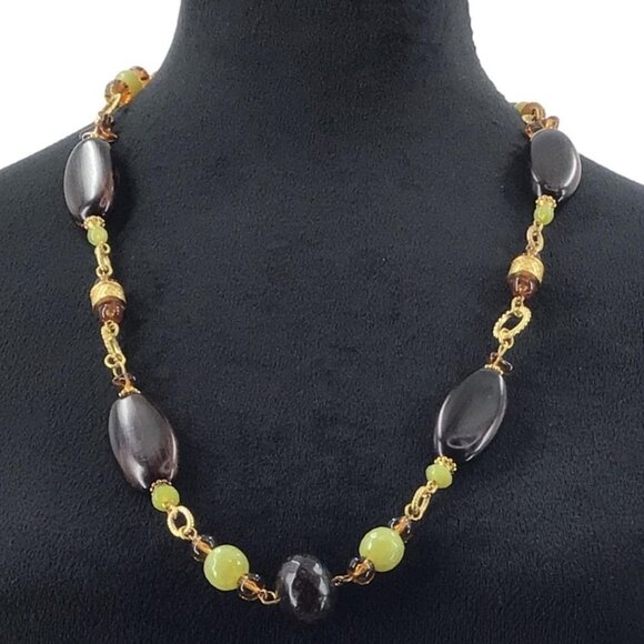 Mixed Beaded Necklace Brown Gold Tone Green Casual Work Wear Adjustable Length - Picture 1 of 2
